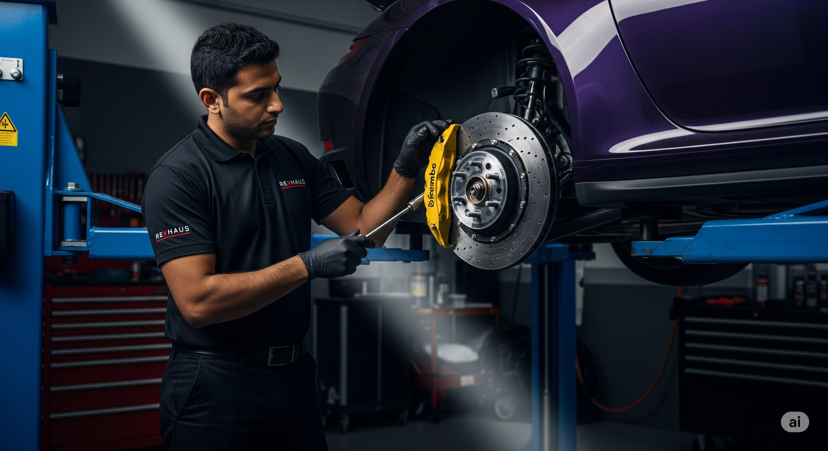 REVHAUS technician installing high-performance Brembo brake system with drilled rotors for superior stopping power