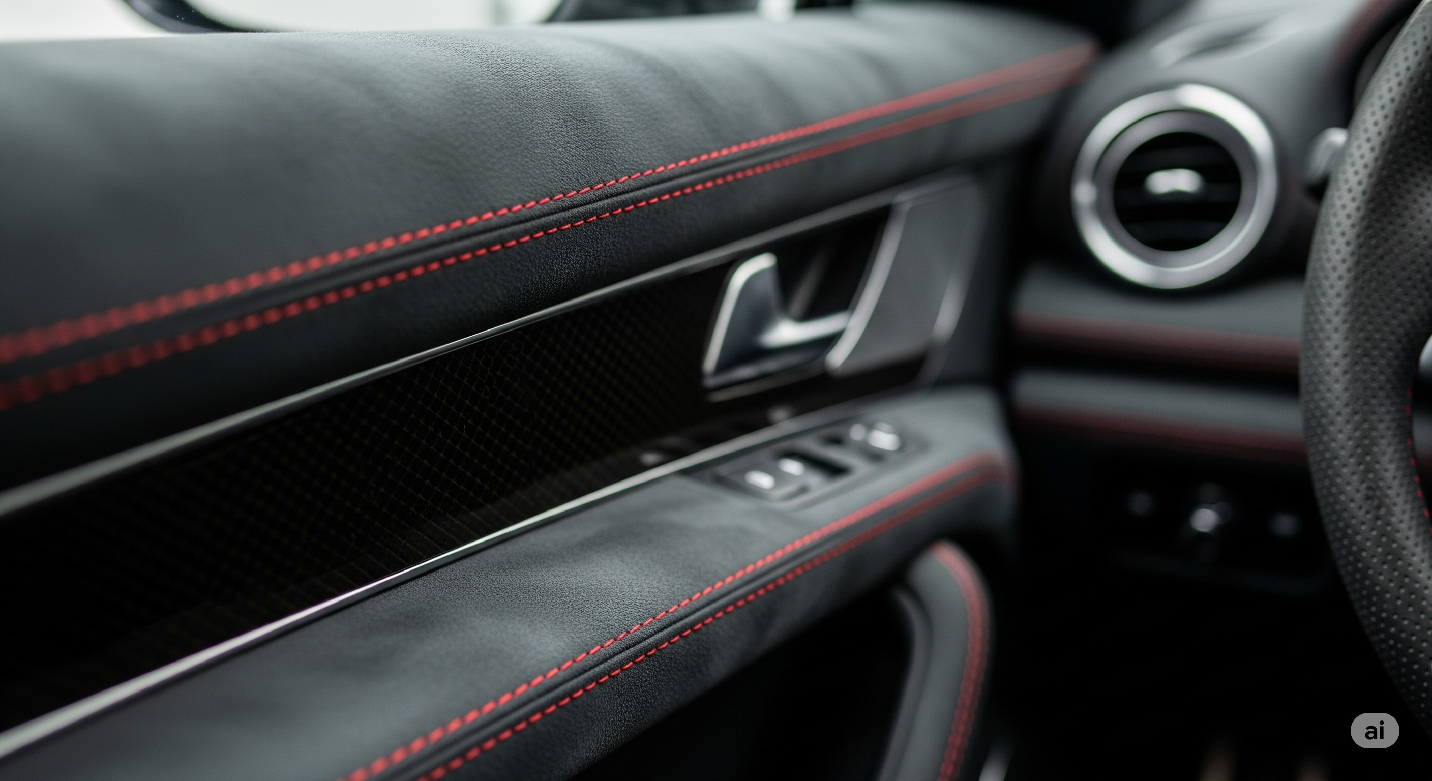 REVHAUS custom interior featuring premium leather upholstery with red contrast stitching and carbon fiber trim accents