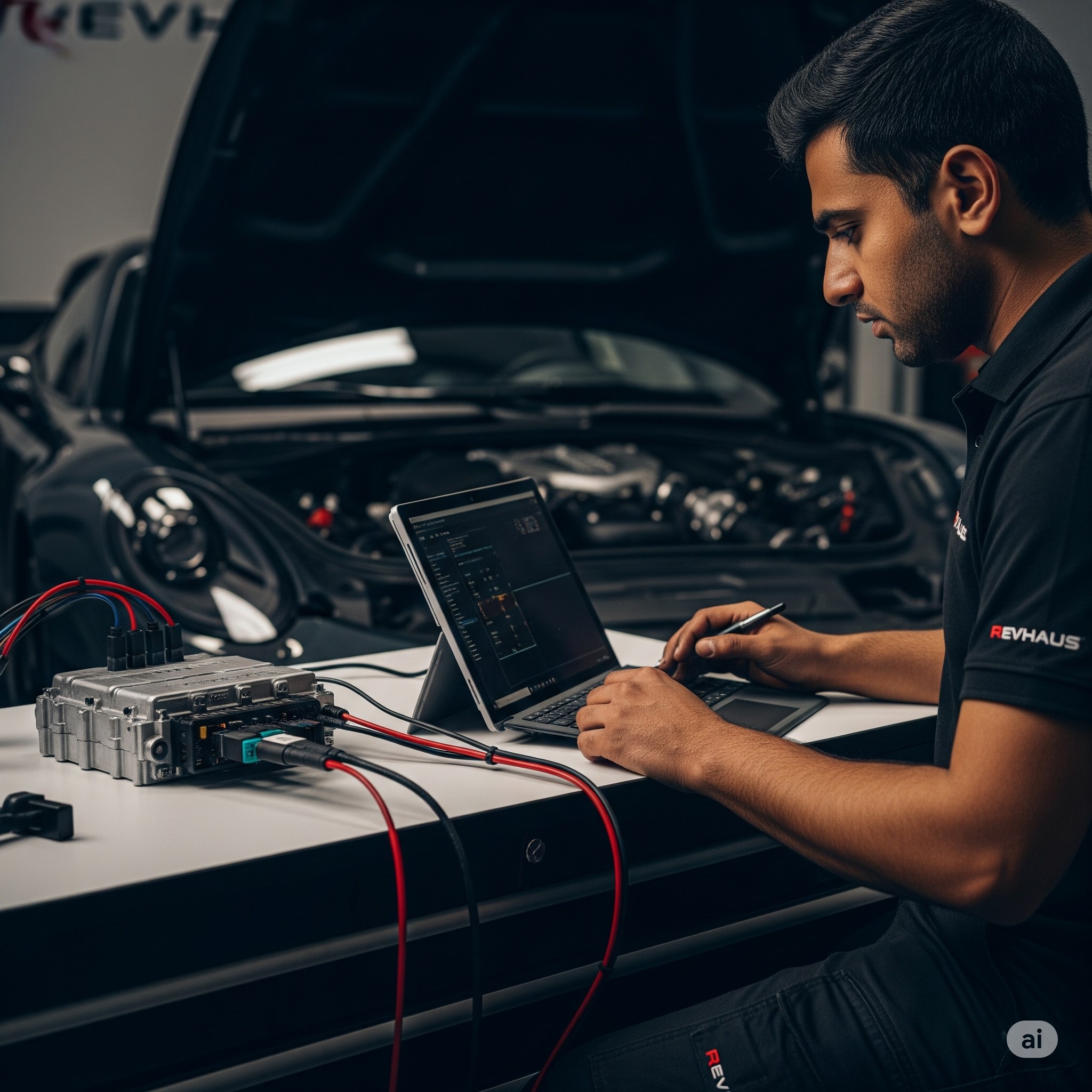 REVHAUS technician performing precision ECU tuning and engine management calibration for optimal performance