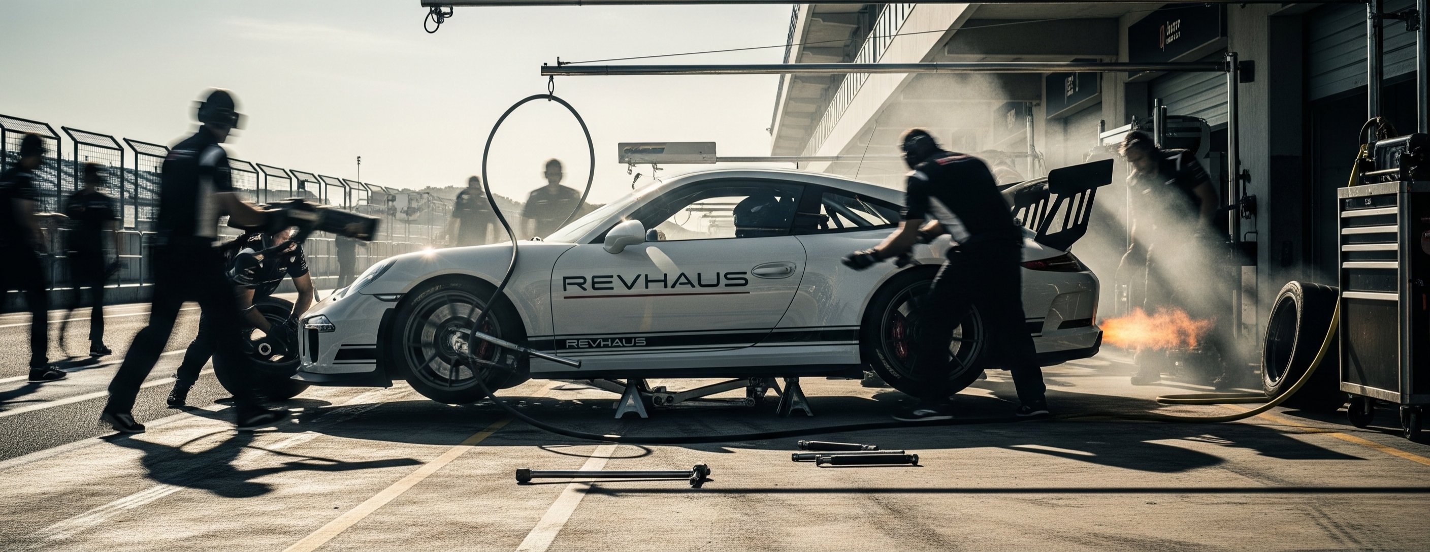 REVHAUS professional pit crew servicing high-performance luxury vehicles in state-of-the-art Burlington facility