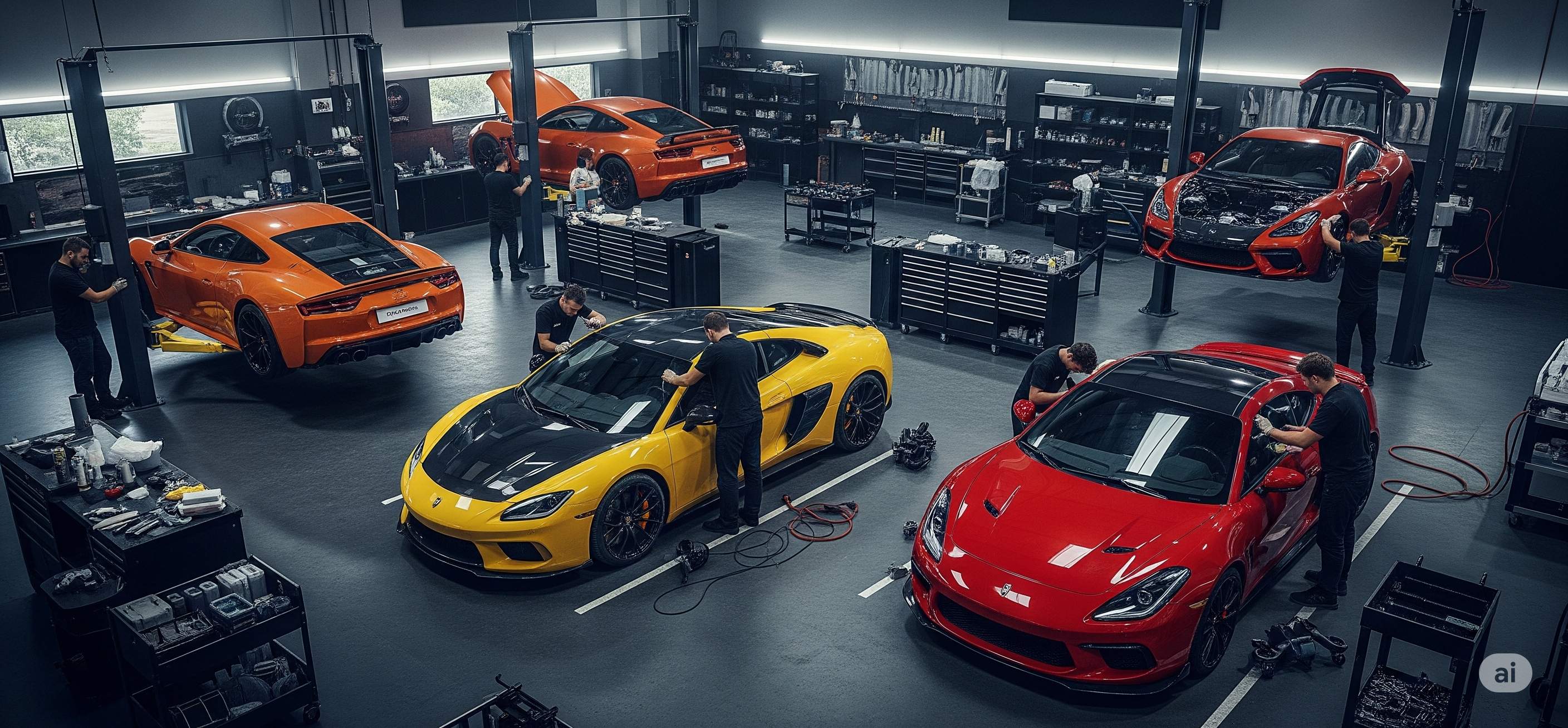 REVHAUS premium workshop featuring multiple luxury supercars including Porsche, McLaren, and Ferrari being serviced by expert technicians in state-of-the-art Burlington facility